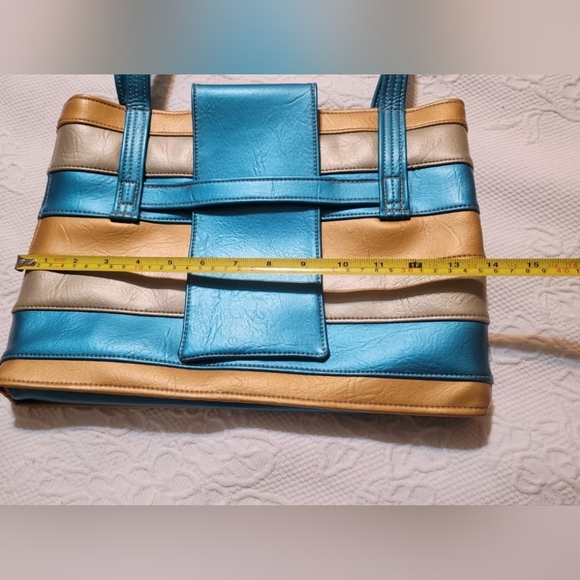 Super Cool And Unique Vintage Blue and Gold Women's Tote Bag. Vegan - Vinyl - Picture 6 of 8